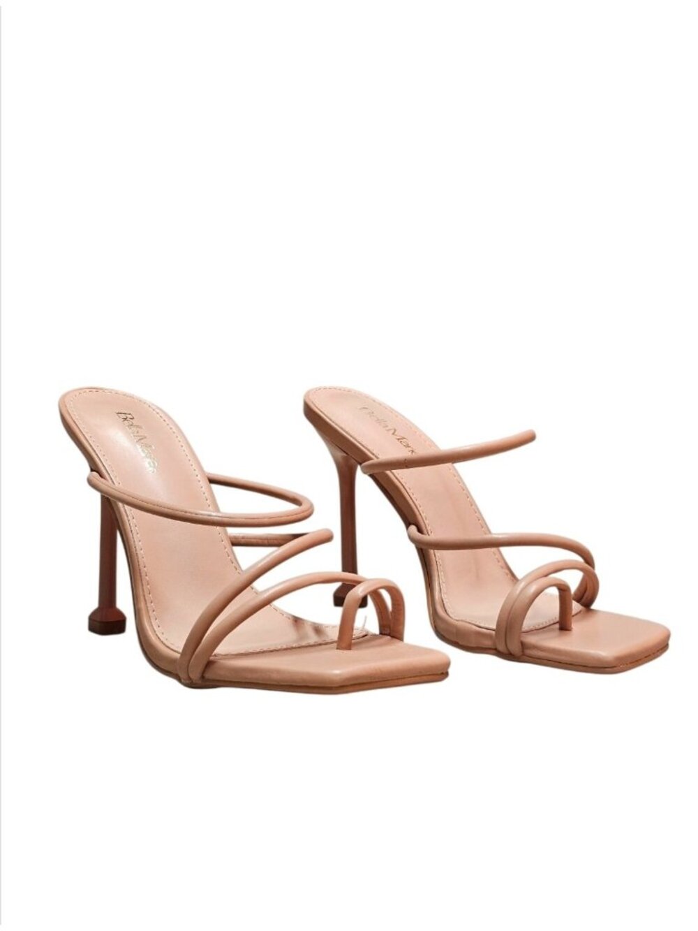 Strappy Nude Stiletto Heel Sandals With Open-Toe Square Design For Women - Picture 9 of 13